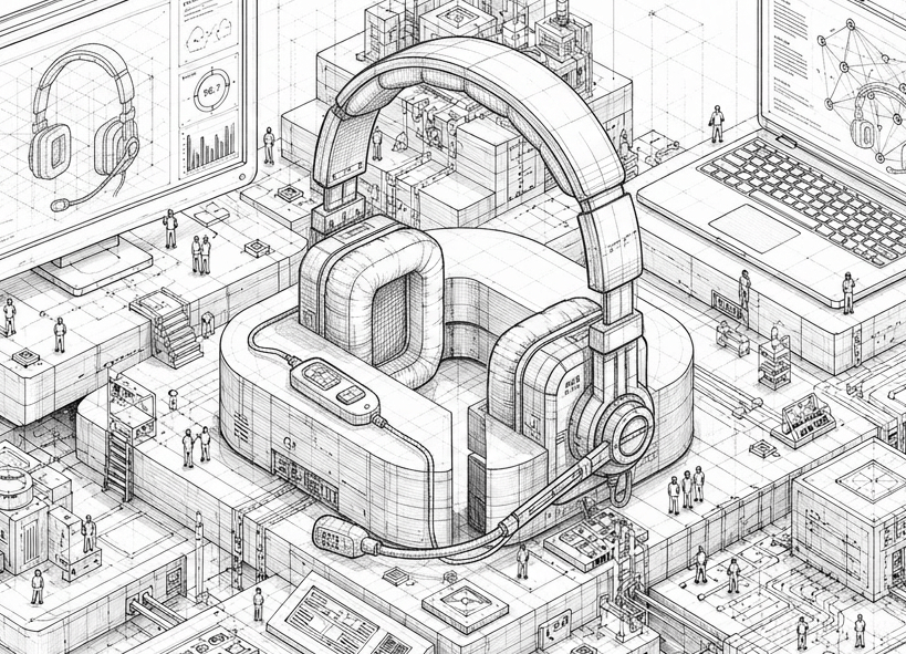 Illustration contact — casque et bureau